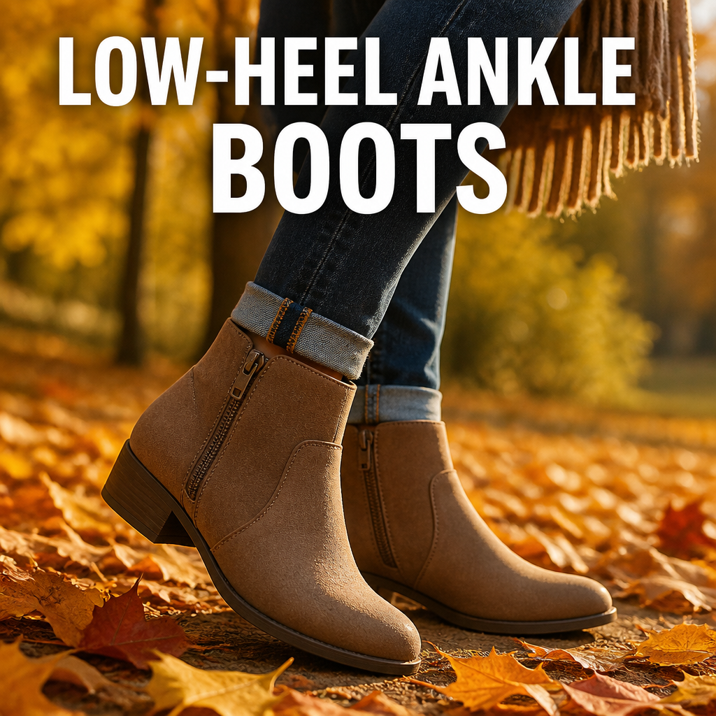 Woman wearing low-heel ankle boots outdoors for fall family photos, bold text overlay reading Low-Heel Ankle Boots