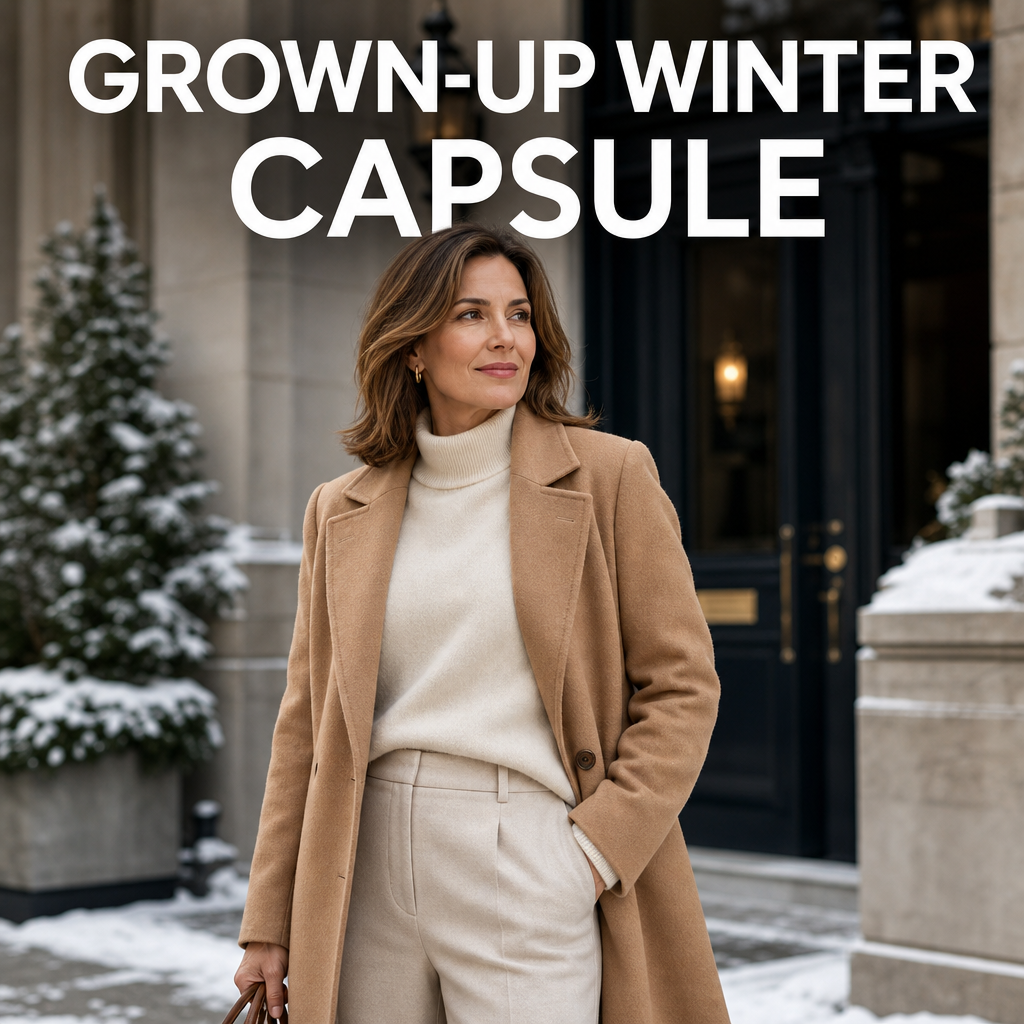 Woman in a camel wool coat and cashmere sweater standing in a sophisticated winter setting, bold text overlay reading Grown-Up Winter Capsule