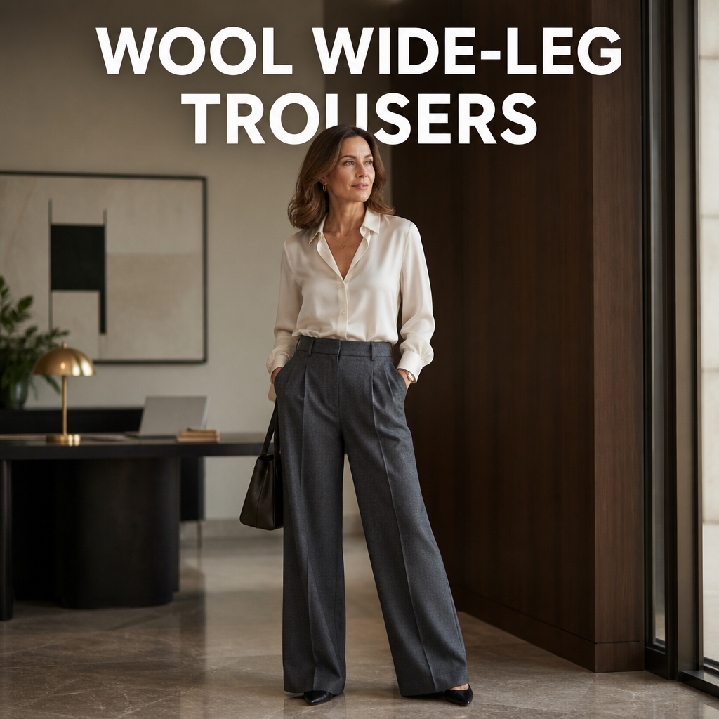 Woman wearing tailored wool wide-leg trousers, bold text overlay reading Wool Wide-Leg Trousers