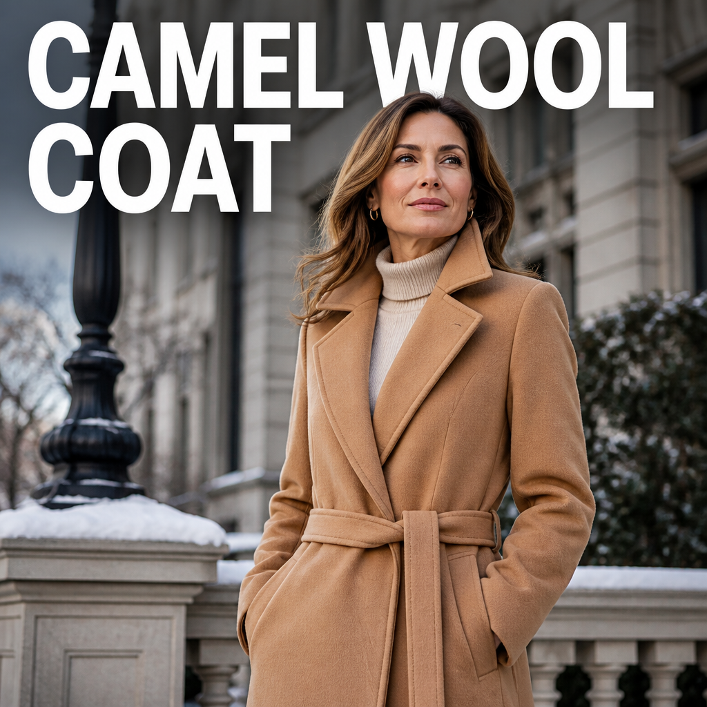 Woman wearing a structured camel wool coat, bold text overlay reading Camel Wool Coat