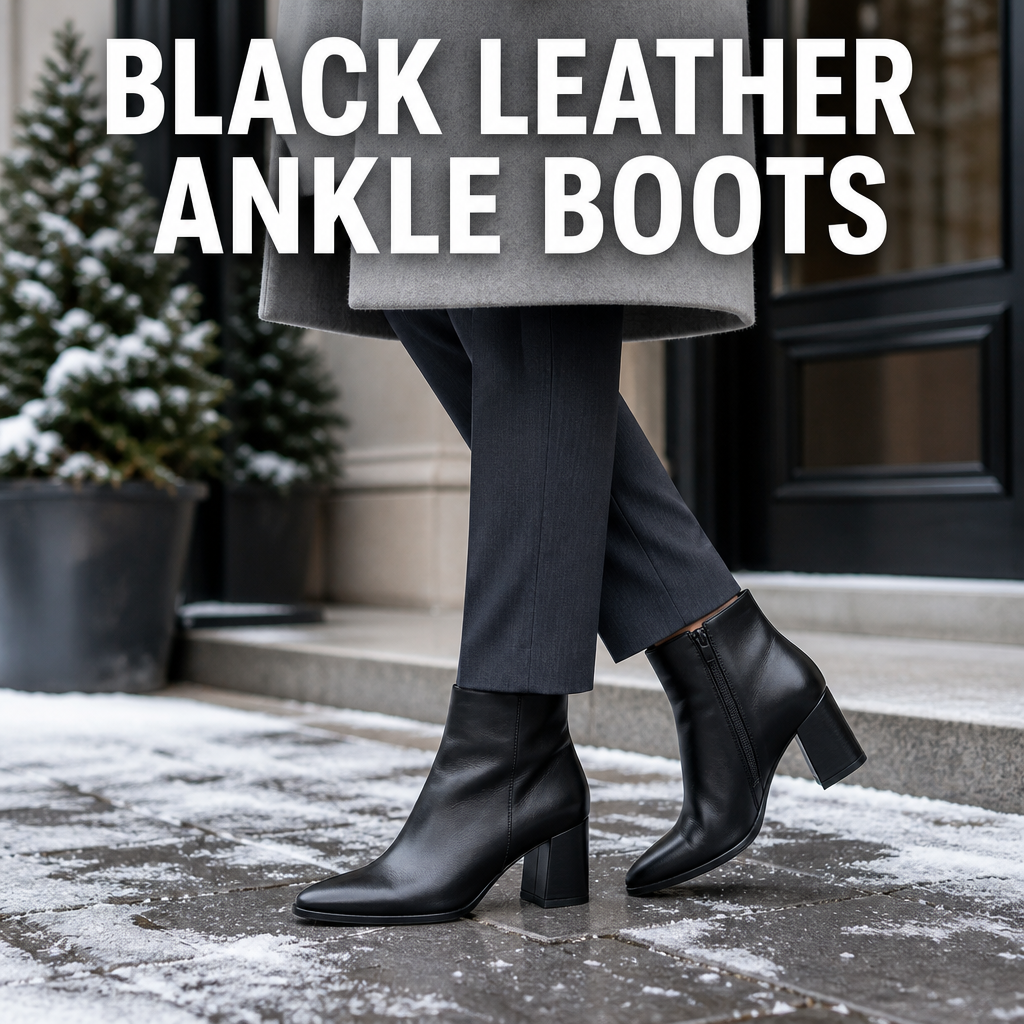 Woman wearing black leather ankle boots, bold text overlay reading Black Leather Ankle Boots