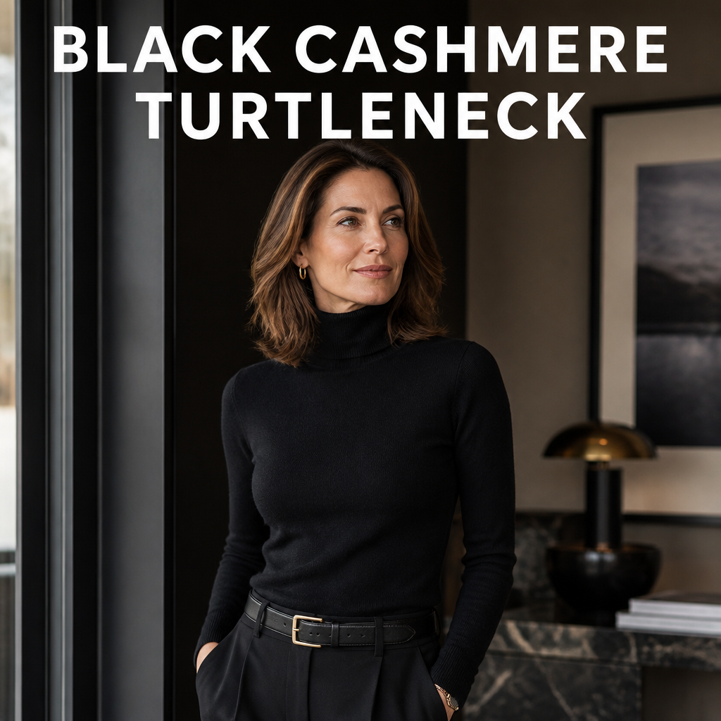 Woman wearing a black cashmere turtleneck, bold text overlay reading Black Cashmere Turtleneck
