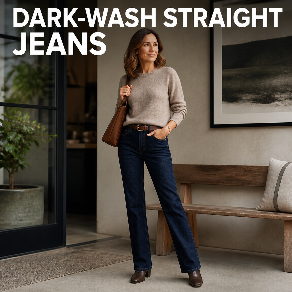 Woman wearing dark-wash straight-leg jeans, bold text overlay reading Dark-Wash Straight Jeans