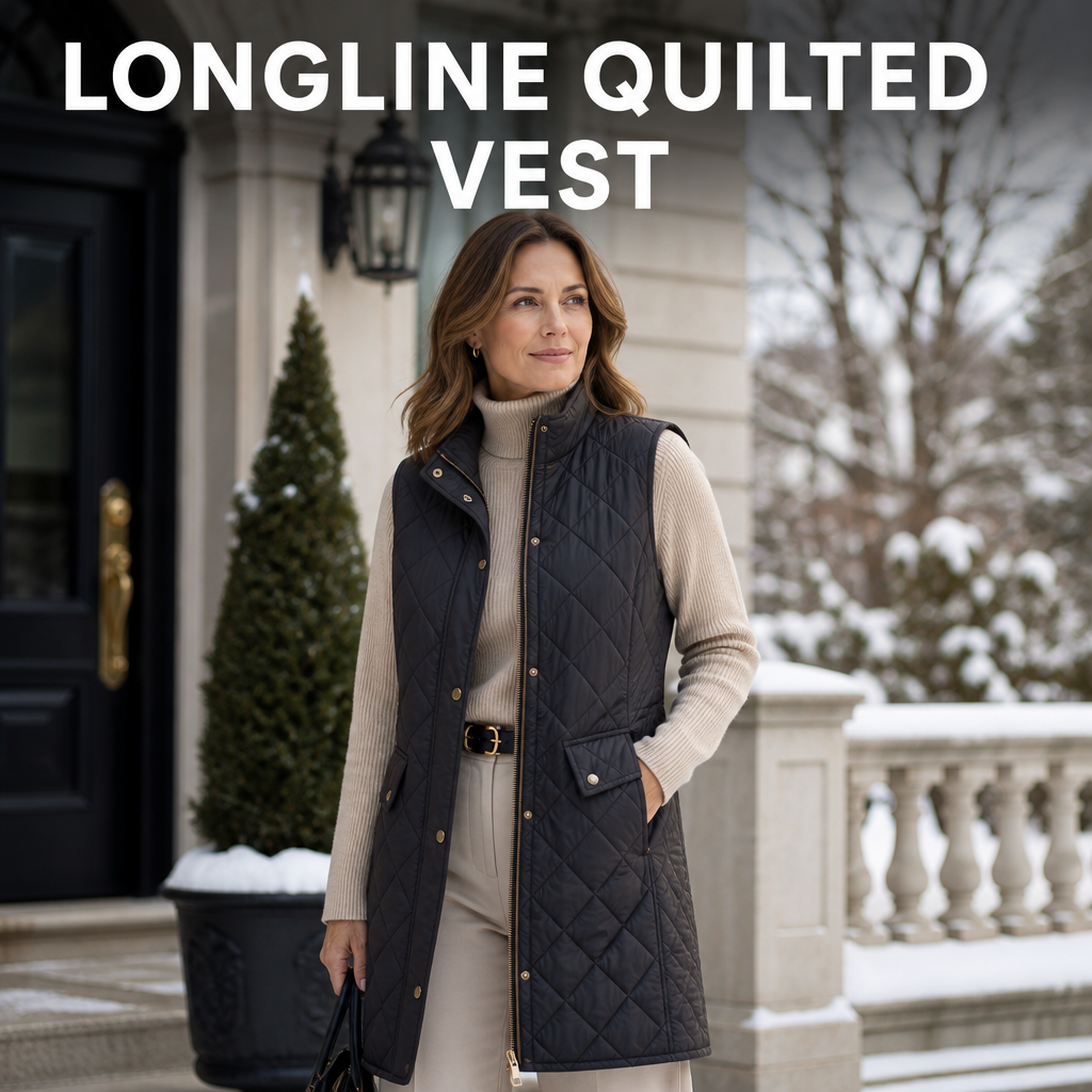 Woman wearing a longline quilted vest, bold text overlay reading Longline Quilted Vest