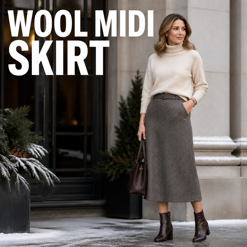 Woman wearing a wool midi skirt, bold text overlay reading Wool Midi Skirt
