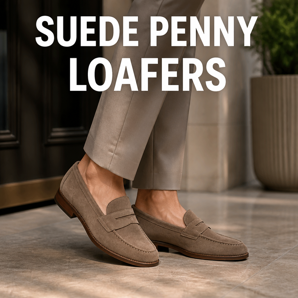 Woman wearing suede penny loafers, bold text overlay reading Suede Penny Loafers
