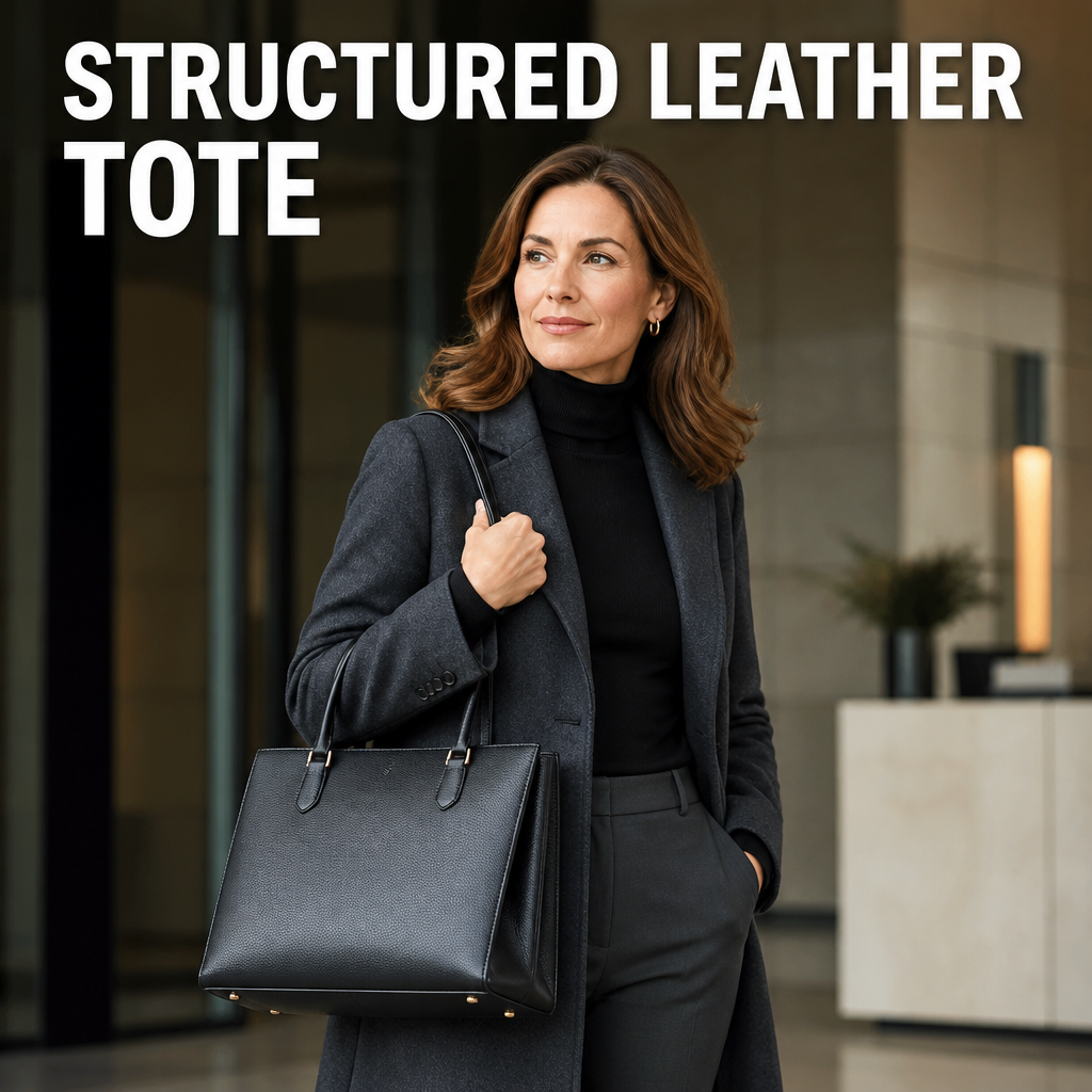 Woman carrying a structured leather tote bag, bold text overlay reading Structured Leather Tote