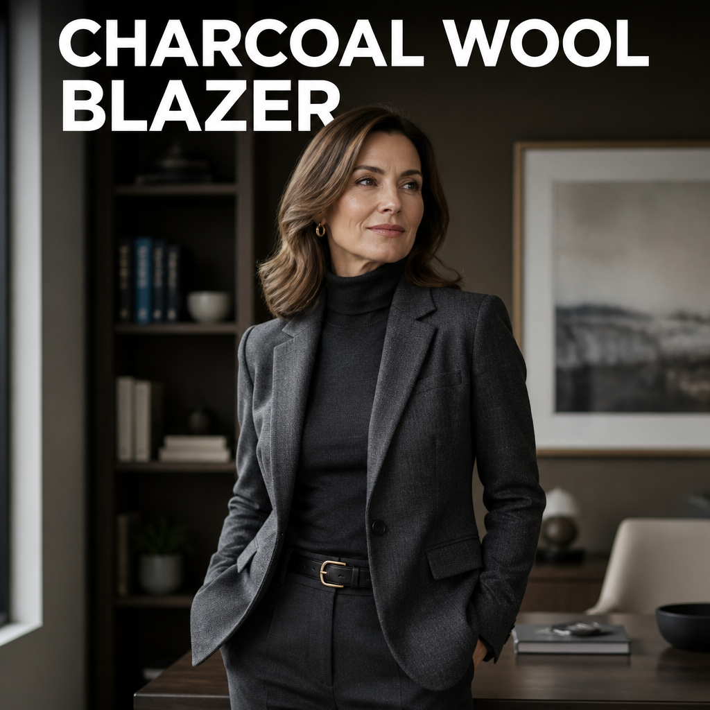 Woman wearing a charcoal wool-blend blazer, bold text overlay reading Charcoal Wool-Blend Blazer