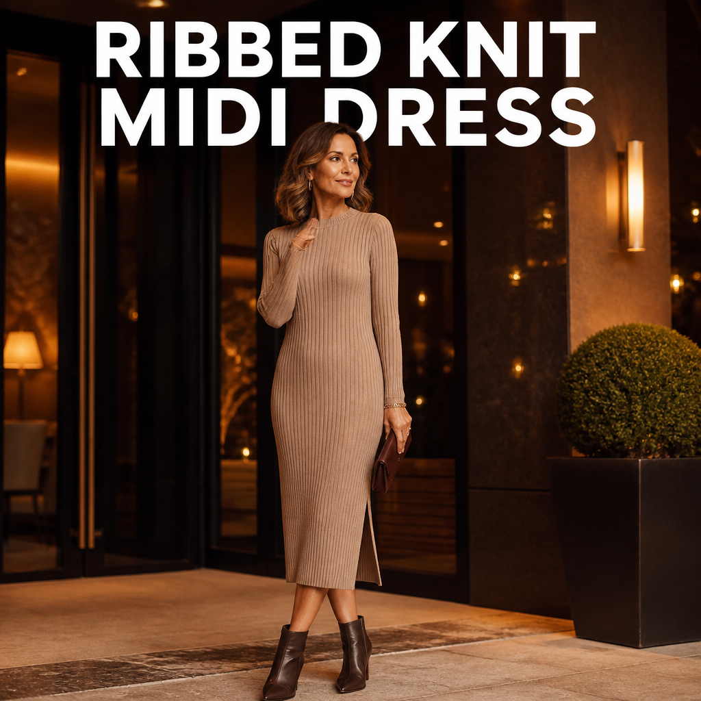 Woman wearing a ribbed knit midi dress, bold text overlay reading Ribbed Knit Midi Dress