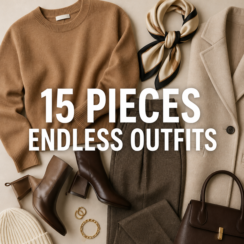 Pinterest pin reading 15 Pieces Endless Outfits over a flat lay of neutral winter capsule clothing