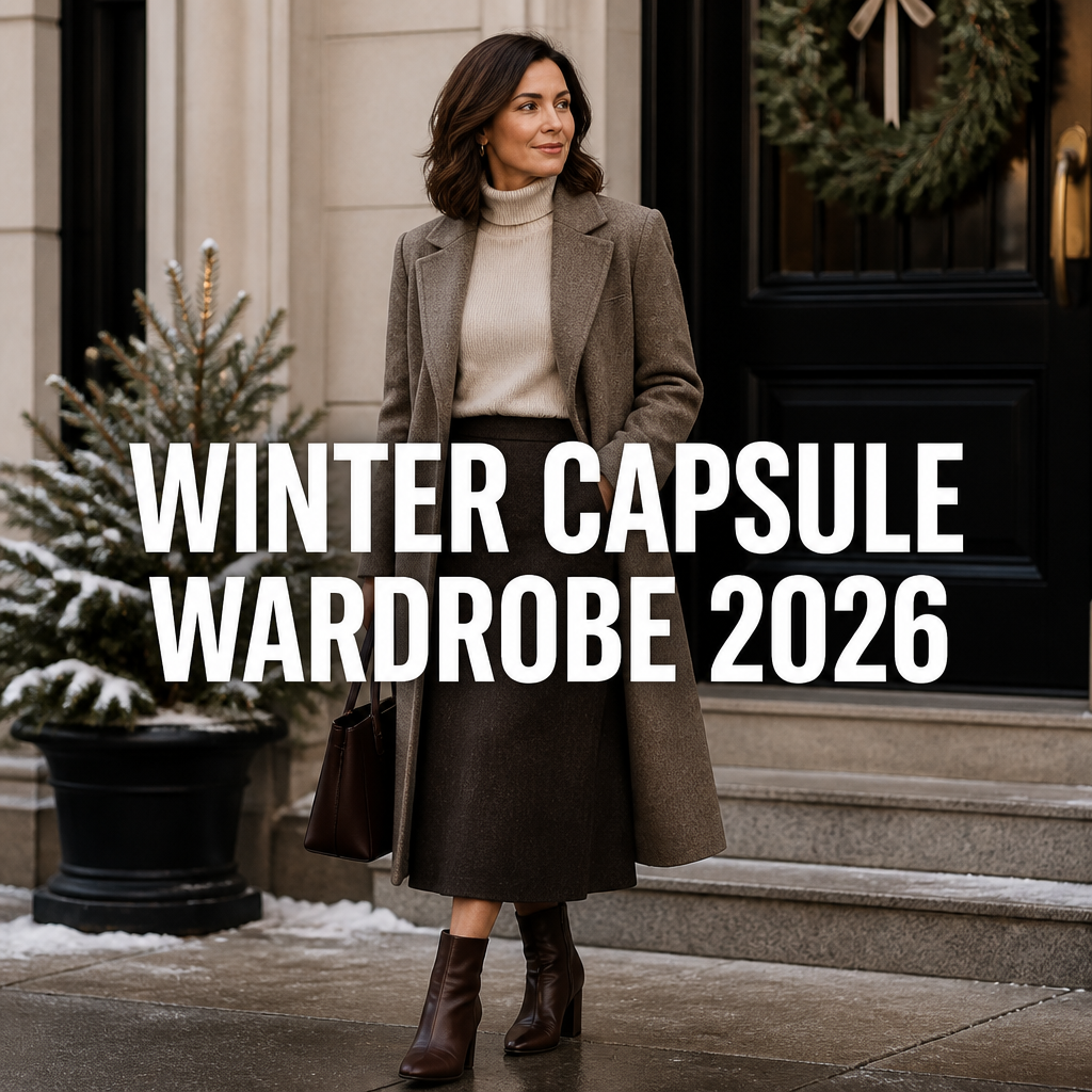 Pinterest pin reading Winter Capsule Wardrobe 2026 over a woman in a wool midi skirt and ankle boots