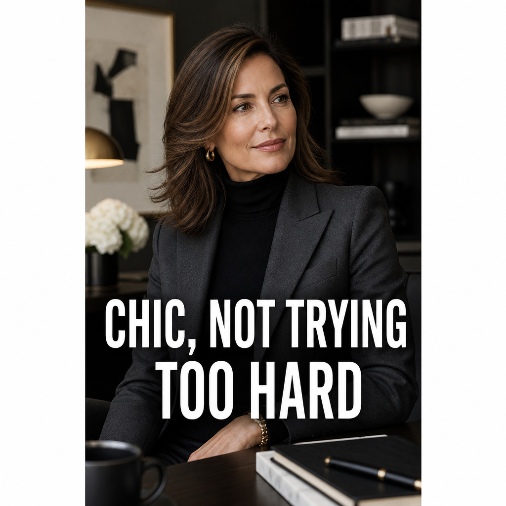 Pinterest pin reading Chic Not Trying Too Hard over a woman in a charcoal blazer and turtleneck