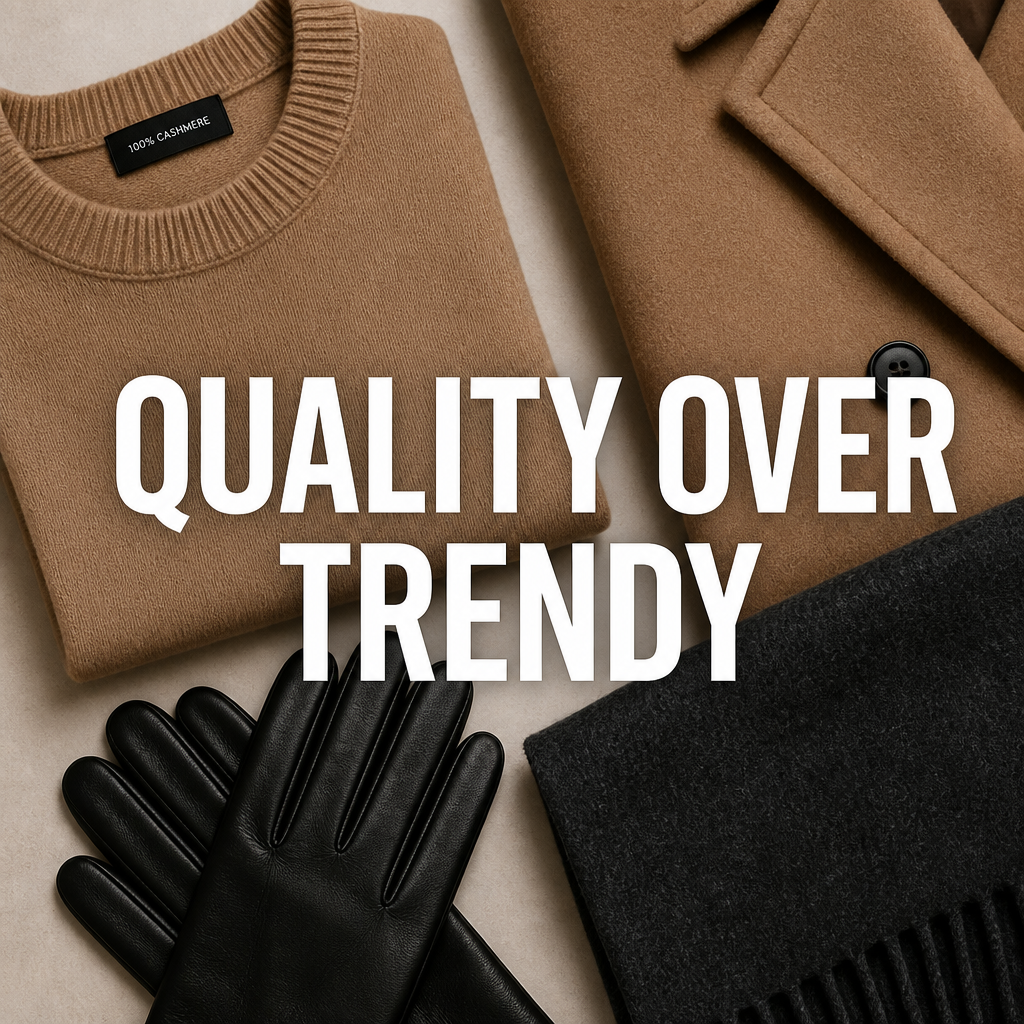 Pinterest pin reading Quality Over Trendy over a flat lay of camel and black wardrobe staples