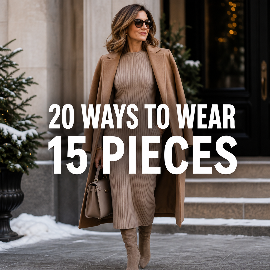 Pinterest pin reading 20 Ways to Wear 15 Pieces over a woman in a ribbed knit midi dress and camel coat