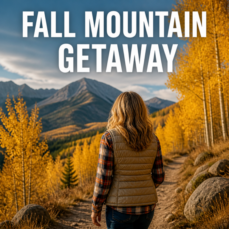 Woman in a cozy plaid flannel and puffer vest walking through golden aspen trees on a fall mountain getaway, bold text overlay reading Fall Mountain Getaway