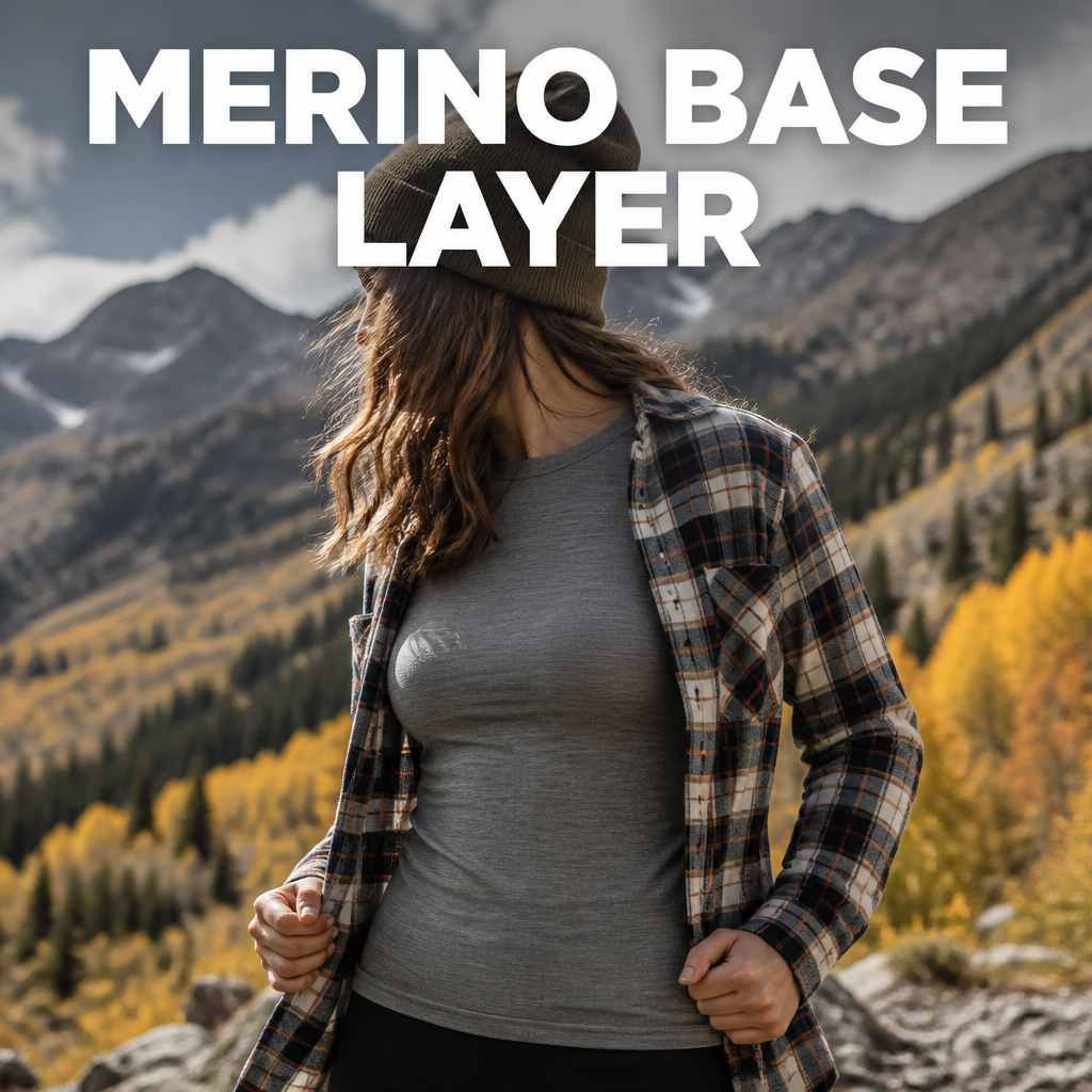 Woman wearing a merino wool base layer top under an open flannel, bold text overlay reading Merino Base Layer
