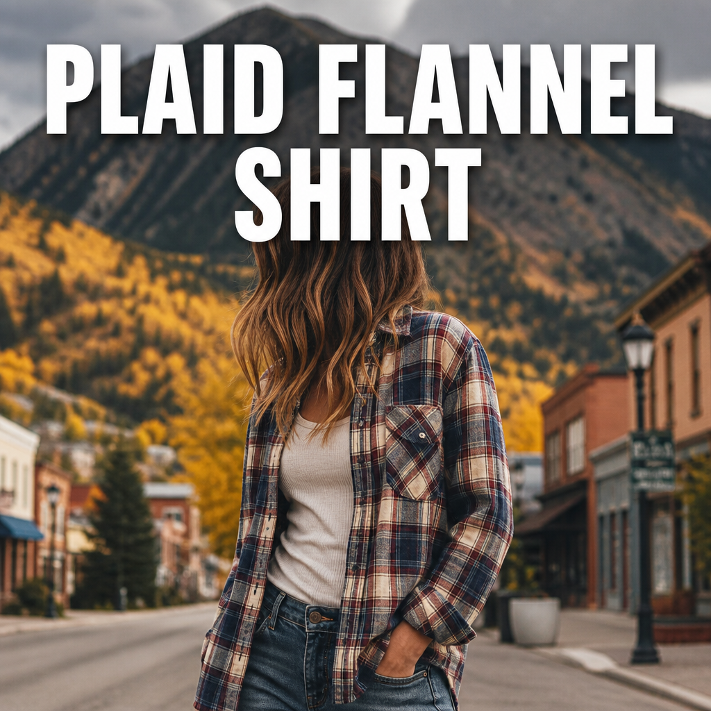 Woman wearing an open plaid flannel shirt over a base layer, bold text overlay reading Plaid Flannel Shirt