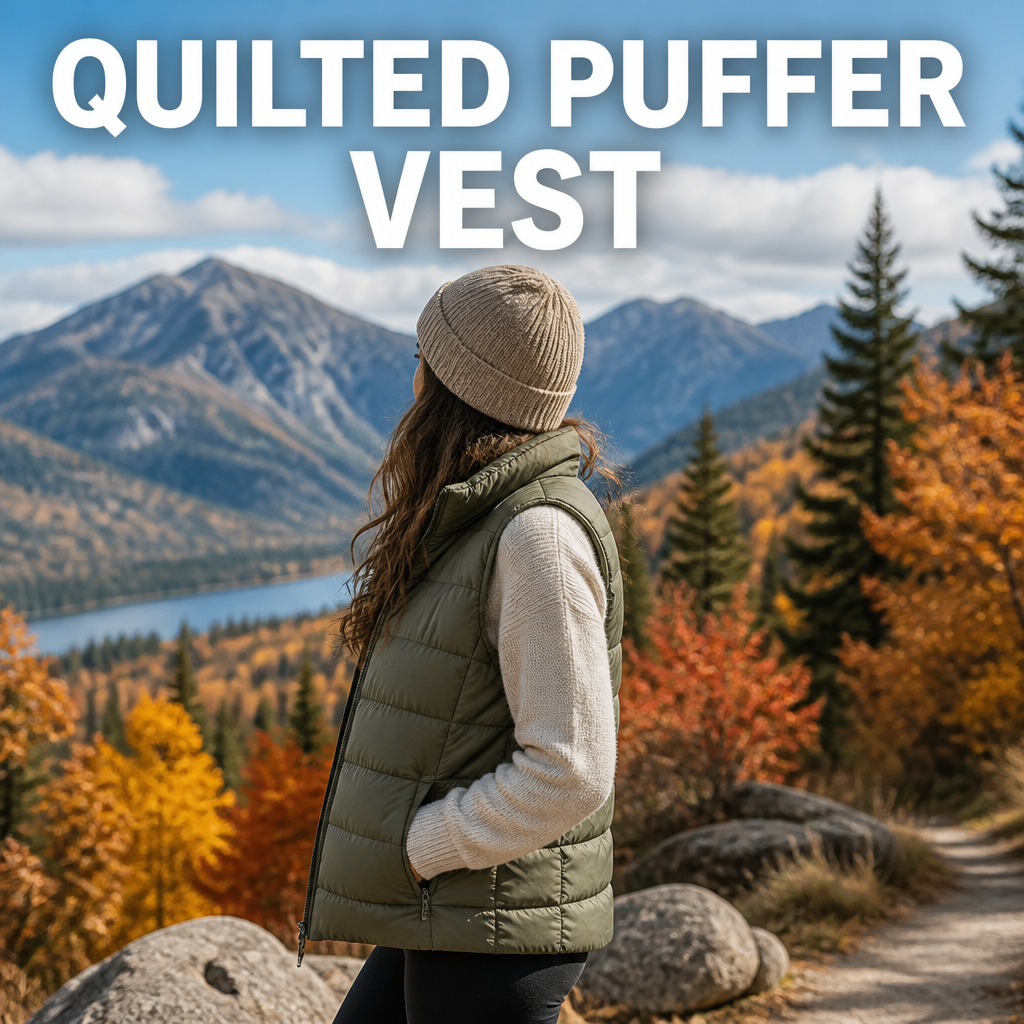 Woman wearing a quilted puffer vest over a sweater, bold text overlay reading Quilted Puffer Vest