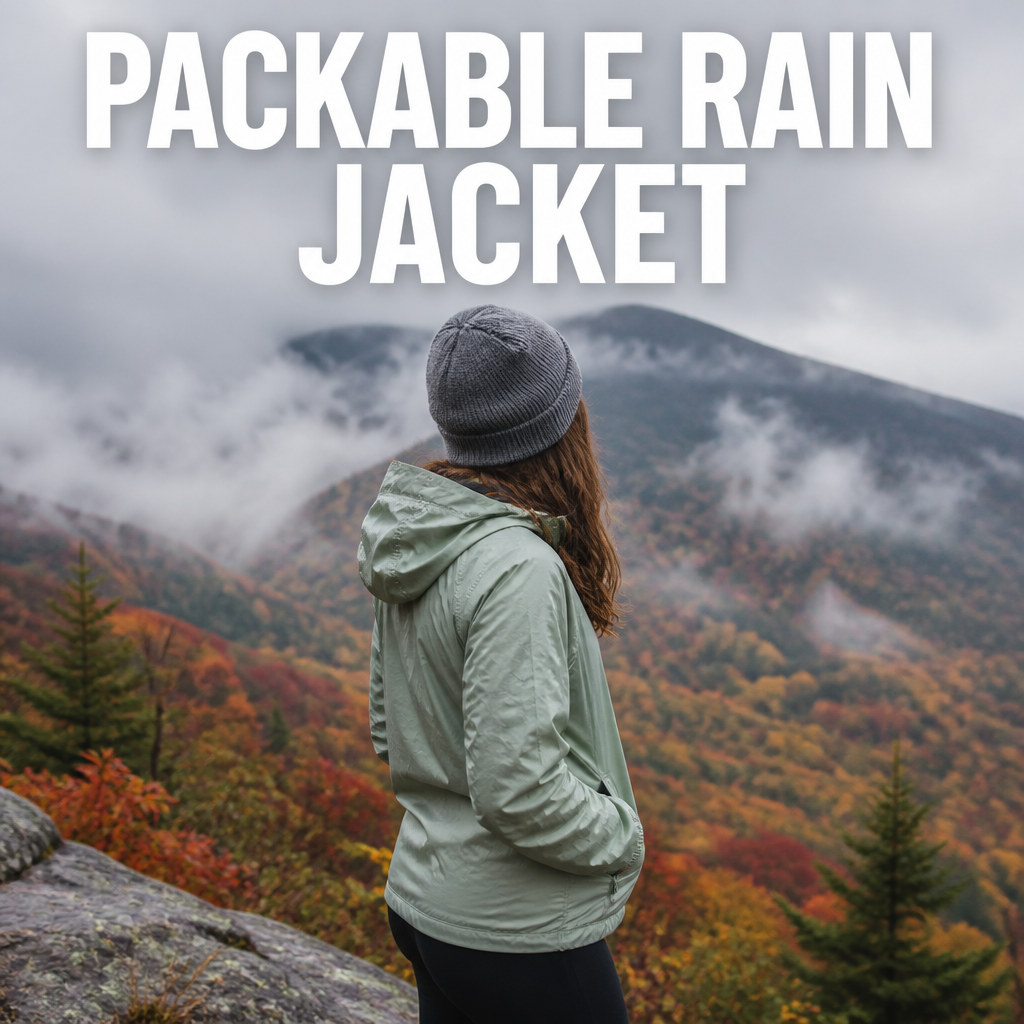 Woman wearing a packable rain jacket on an overcast fall mountain day, bold text overlay reading Packable Rain Jacket