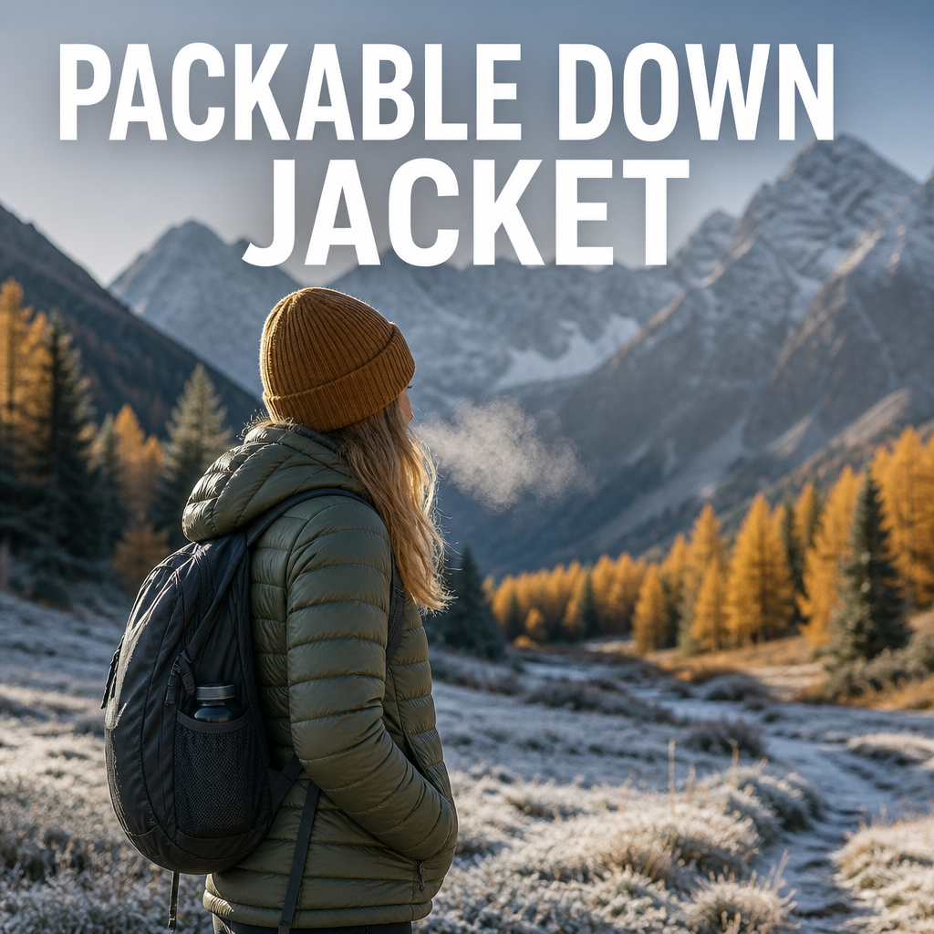 Woman wearing a lightweight packable down jacket on a cold fall morning, bold text overlay reading Packable Down Jacket