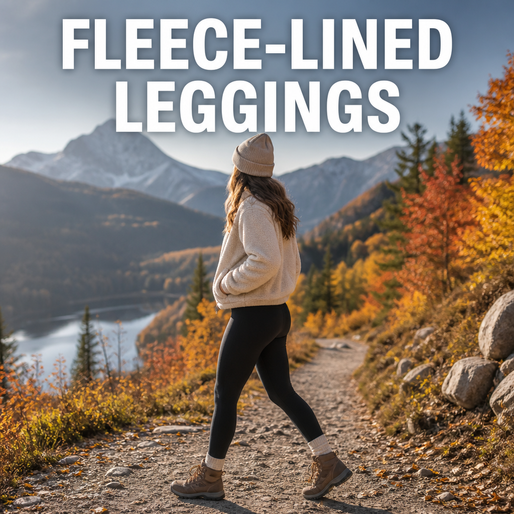 Woman wearing fleece-lined leggings on a cold morning walk, bold text overlay reading Fleece-Lined Leggings