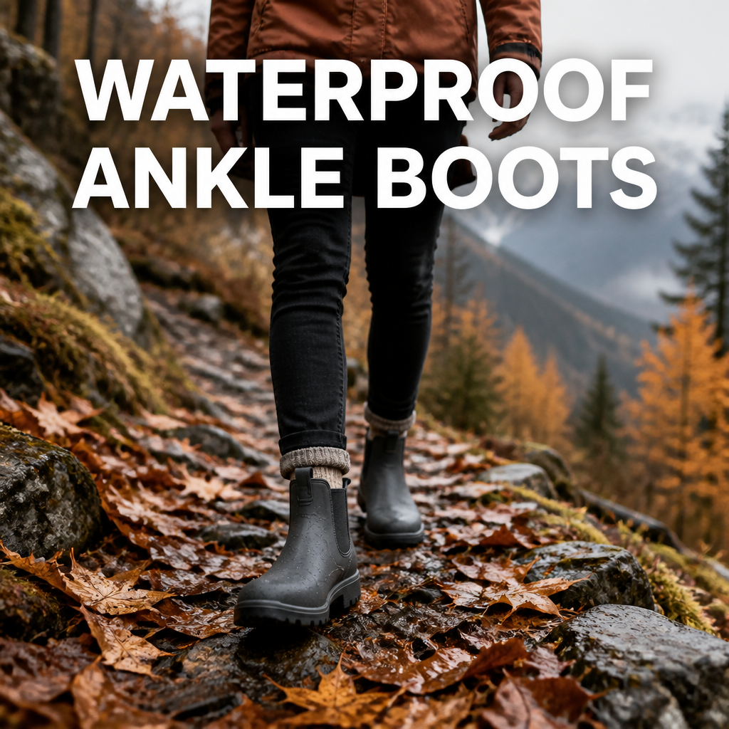 Woman wearing waterproof ankle boots on a leaf-covered mountain trail, bold text overlay reading Waterproof Ankle Boots