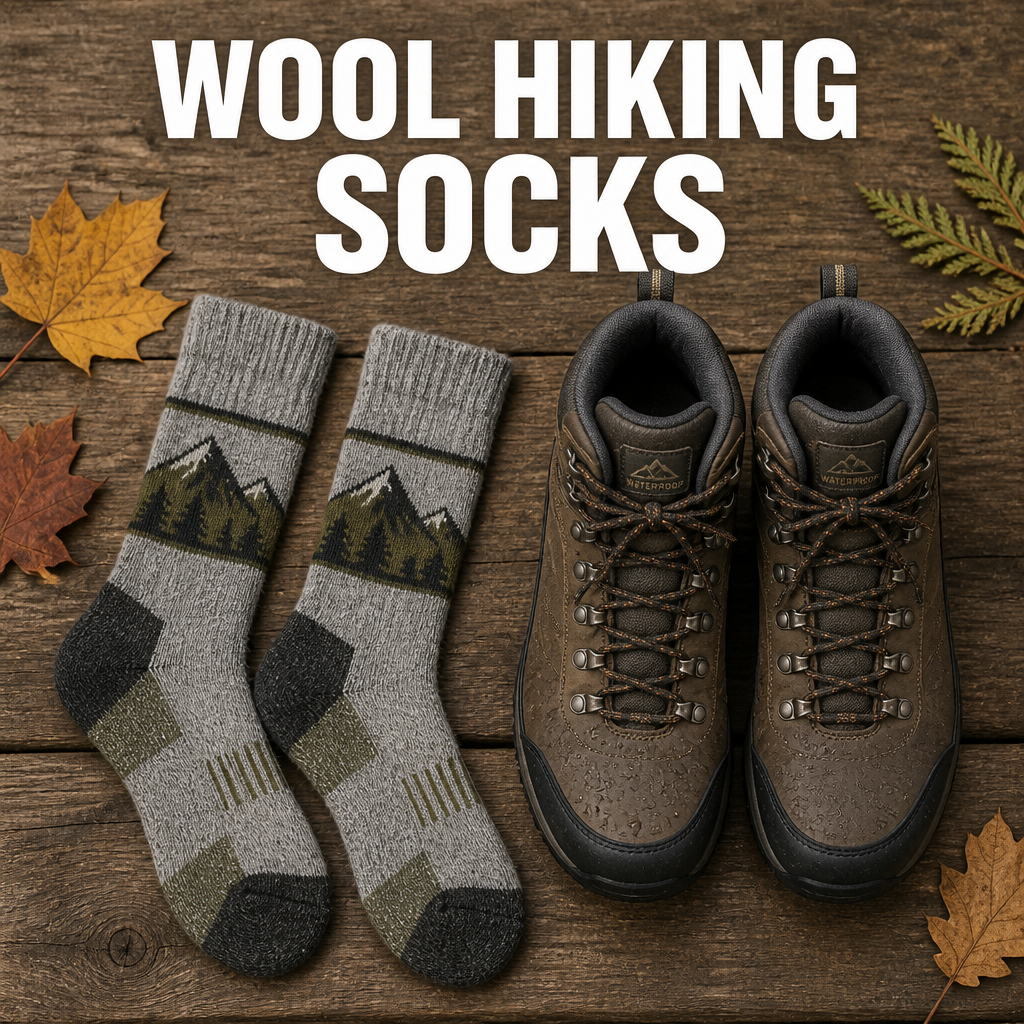 Wool hiking socks laid out with waterproof boots, bold text overlay reading Wool Hiking Socks