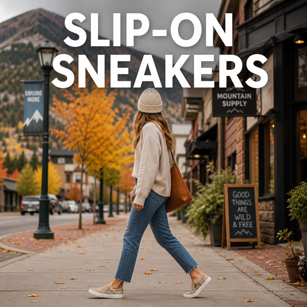 Woman wearing casual slip-on sneakers on a mountain town sidewalk, bold text overlay reading Casual Slip-On Sneakers