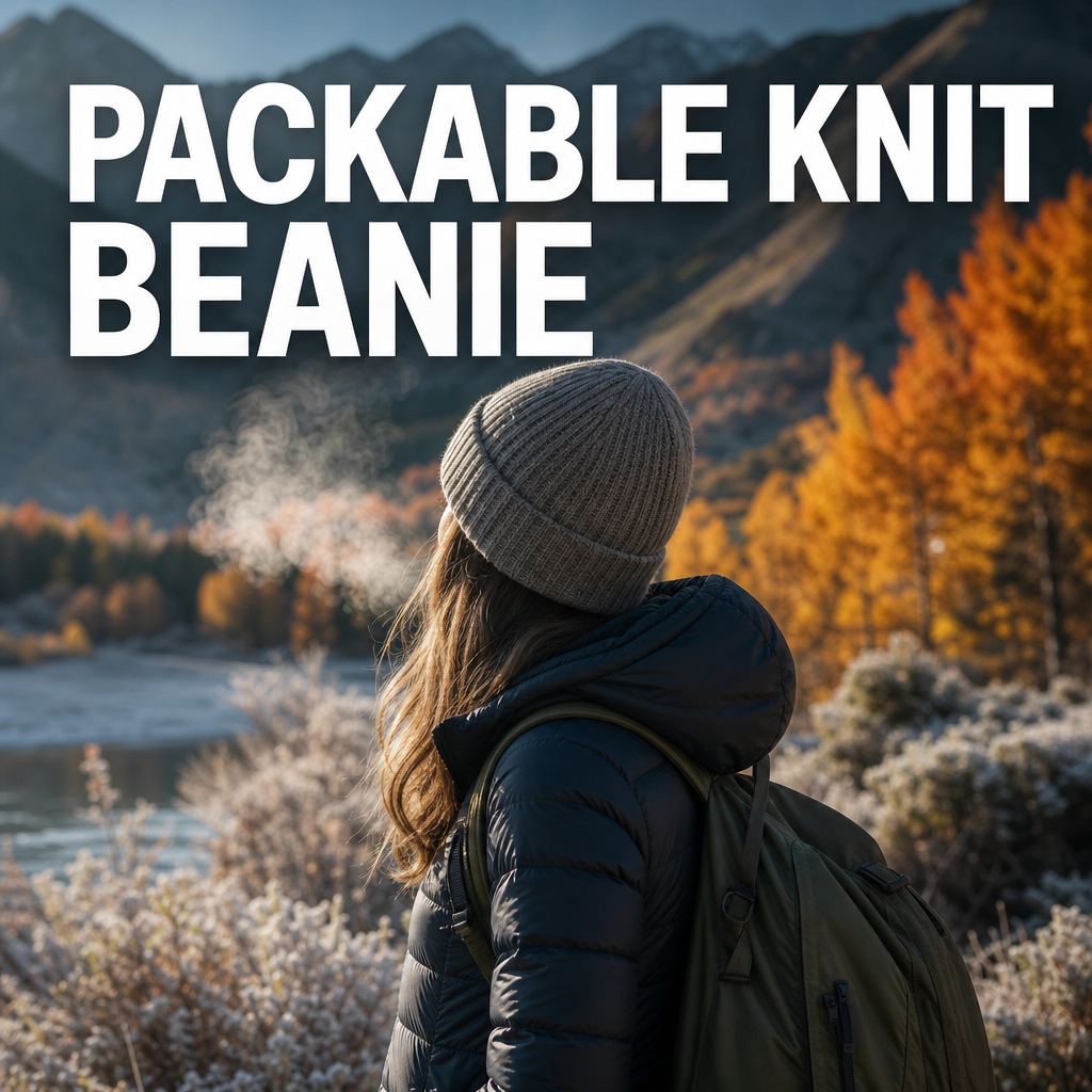 Woman wearing a packable knit beanie on a frosty fall morning, bold text overlay reading Packable Knit Beanie
