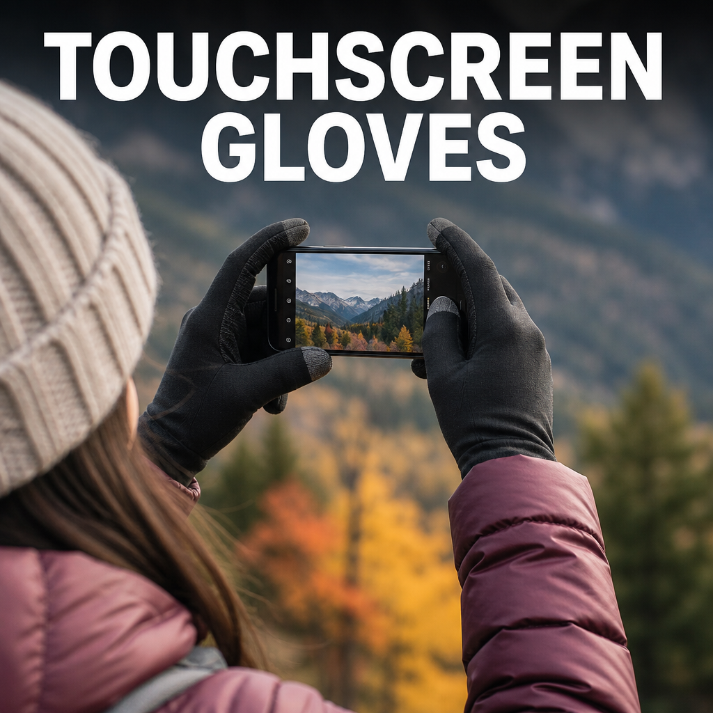 Woman wearing touchscreen gloves while holding a phone outdoors, bold text overlay reading Touchscreen Gloves