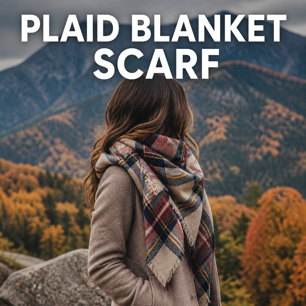 Woman wearing a plaid blanket scarf over a coat, bold text overlay reading Plaid Blanket Scarf
