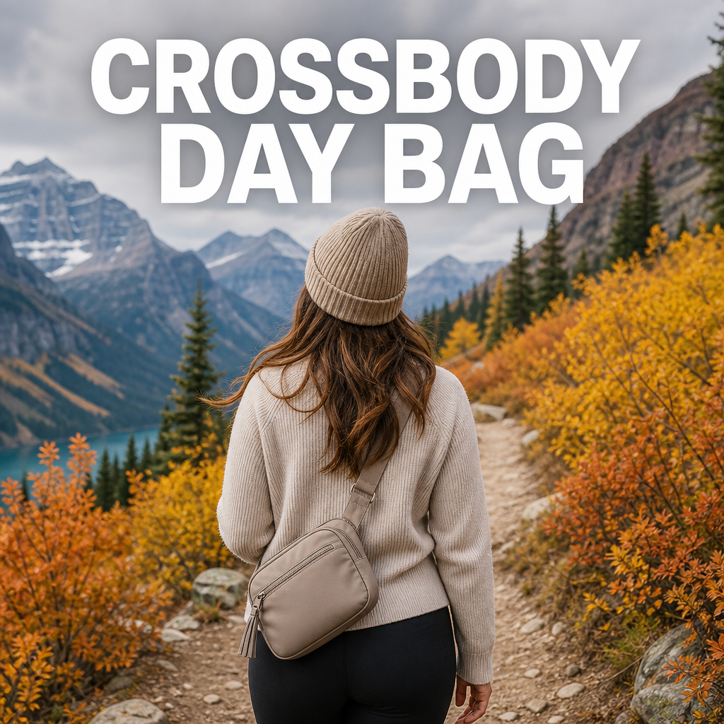 Woman wearing a crossbody day bag on a fall foliage walk, bold text overlay reading Crossbody Day Bag