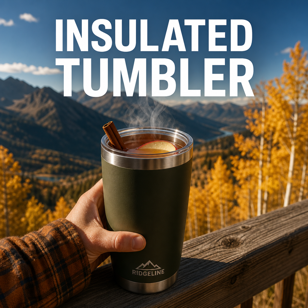 Insulated travel tumbler with hot cider on a scenic fall mountain overlook, bold text overlay reading Insulated Travel Tumbler