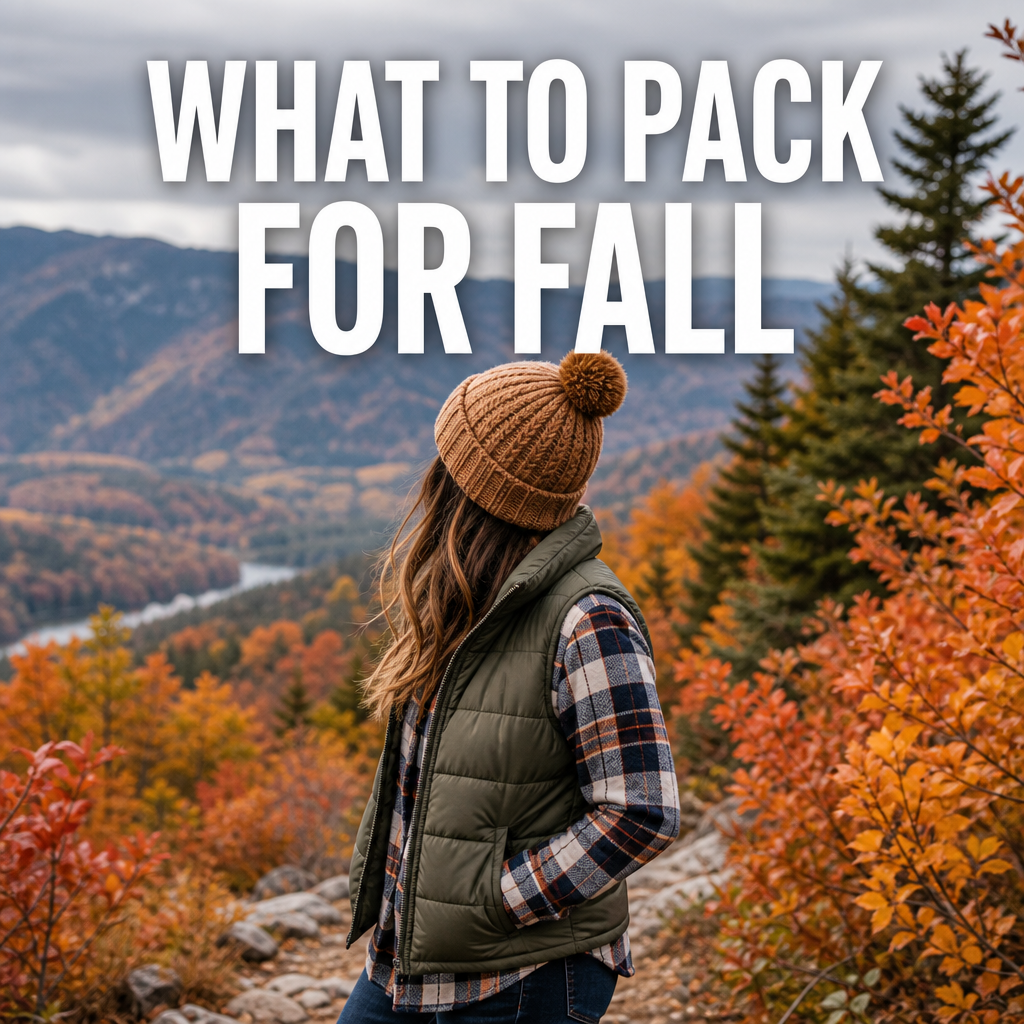 Pinterest pin reading What to Pack for Fall in the Mountains over a woman in a flannel and vest