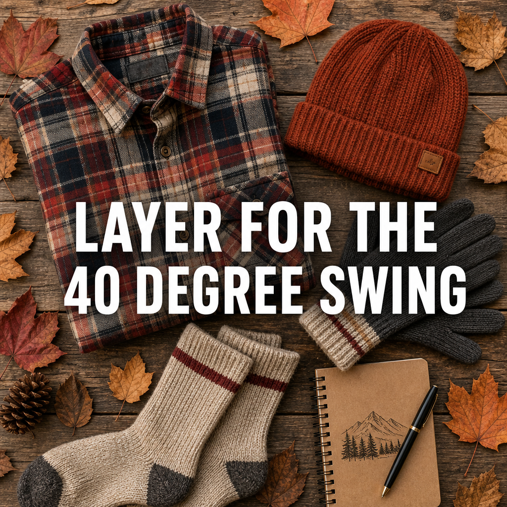 Pinterest pin reading Layer for the 40 Degree Swing over a flat lay of fall packing essentials