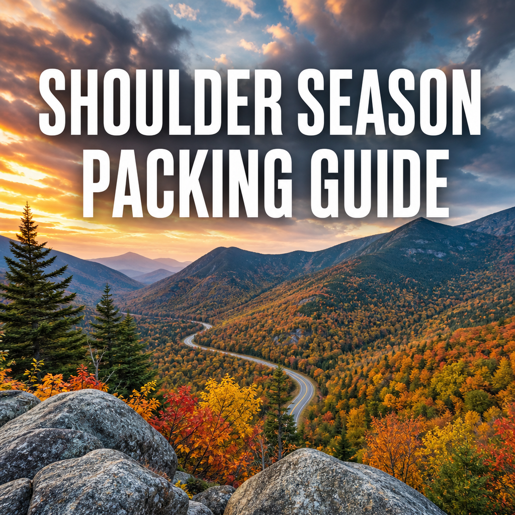 Pinterest pin reading Shoulder Season Packing Guide over a scenic mountain overlook