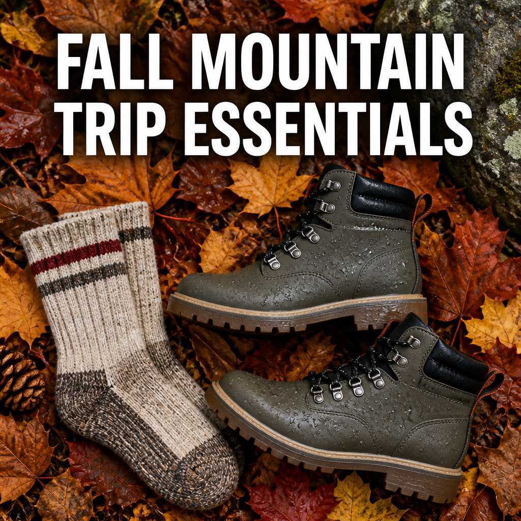 Pinterest pin reading Fall Mountain Trip Essentials over waterproof boots and wool socks