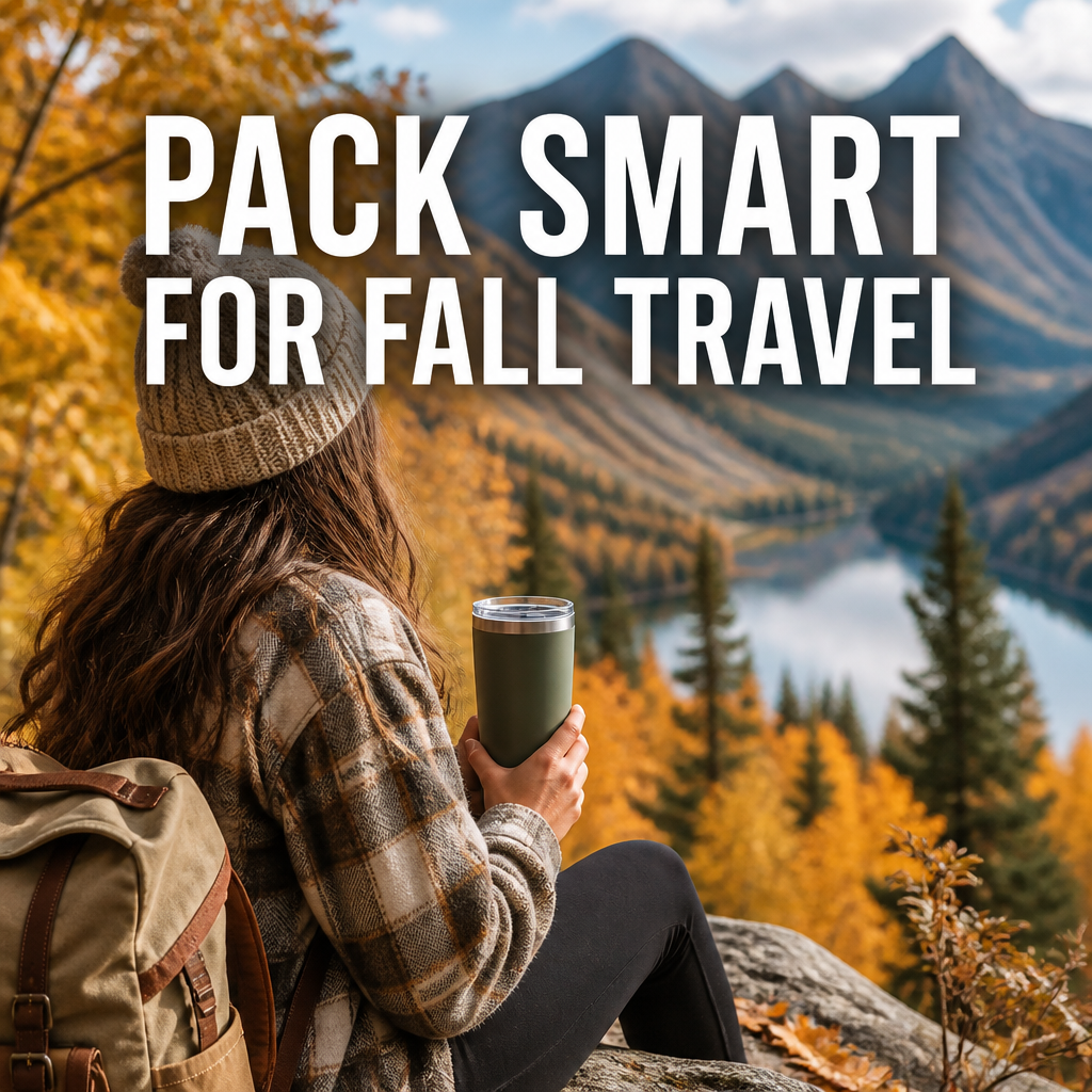 Pinterest pin reading Pack Smart for Fall Travel over a woman holding a warm drink outdoors