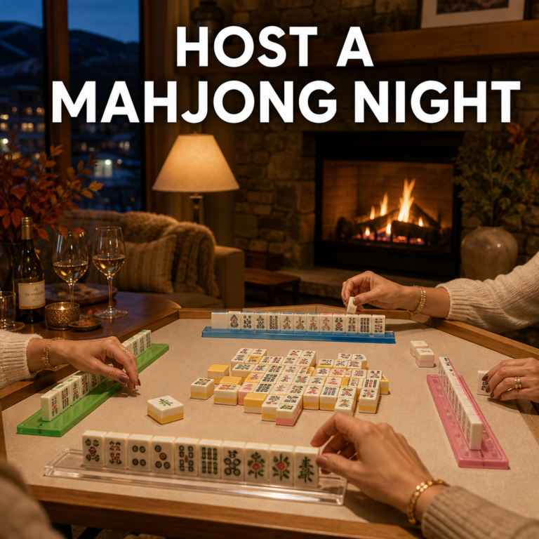 Cozy mahjong night at home with tiles, racks, and wine on a card table