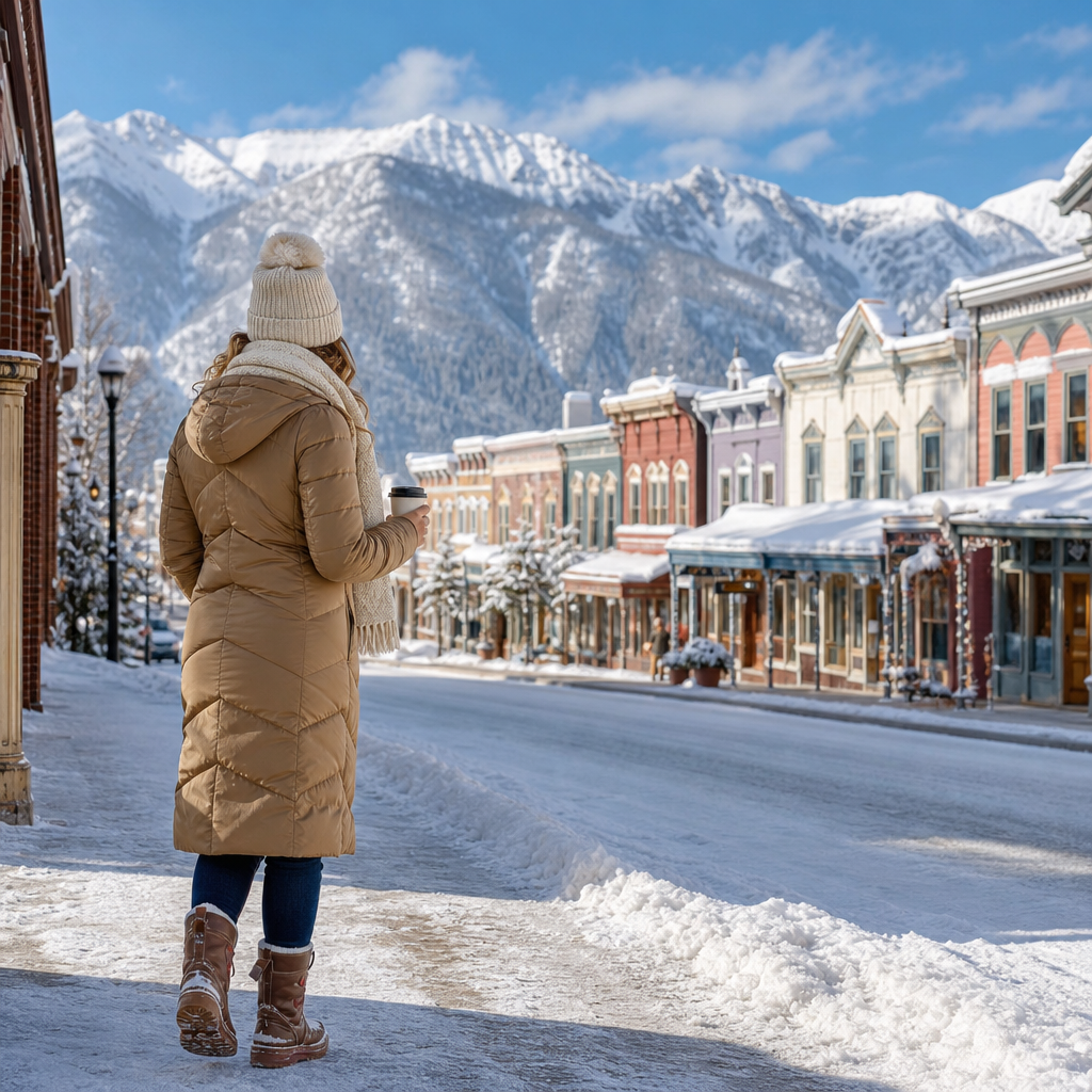 Woman in a camel parka, cream beanie and snow boots walking down a snowy Colorado mountain-town main street