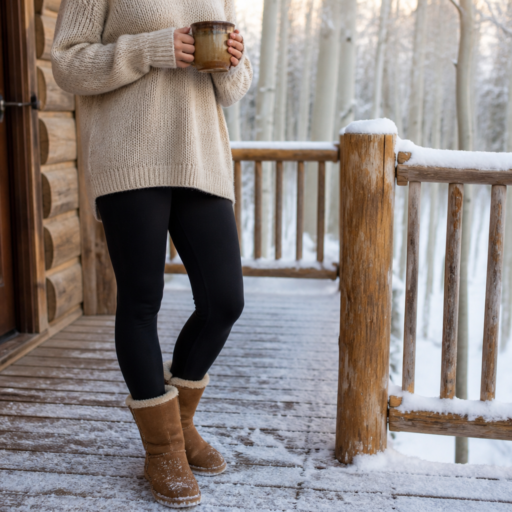 Woman in black fleece-lined leggings, oatmeal sweater and shearling boots on a snowy porch