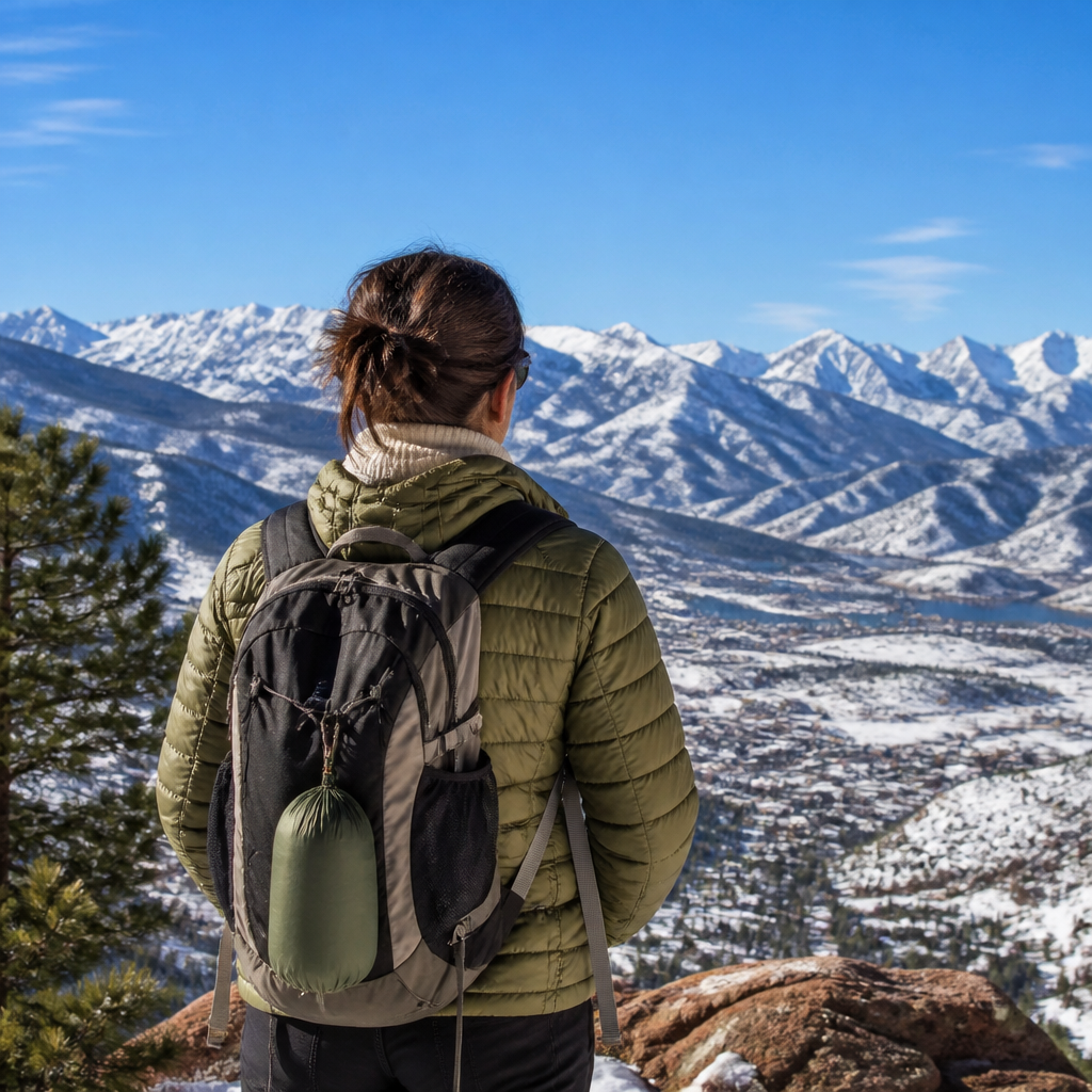 Woman in an olive packable down jacket at a snowy Colorado overlook
