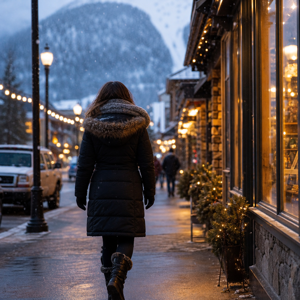 Woman in a long black hooded down parka walking through falling snow at dusk