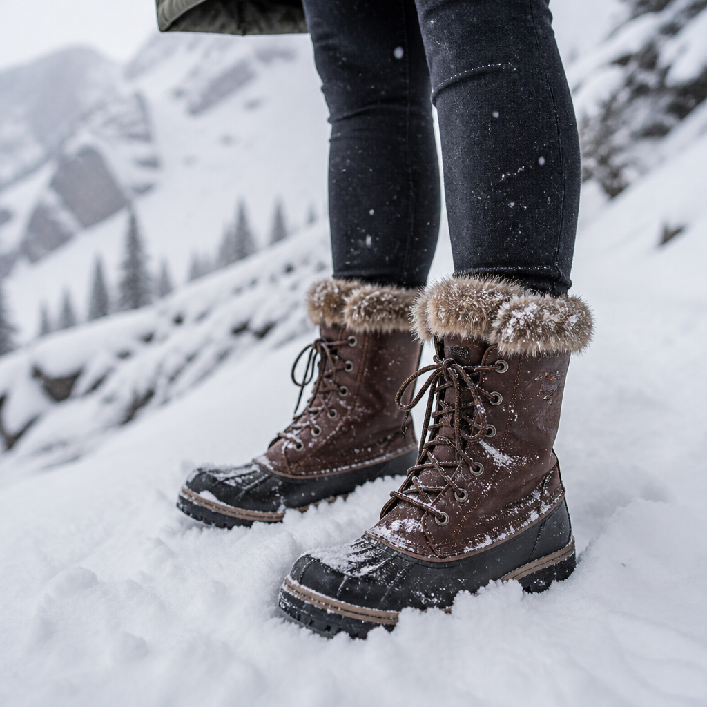 Brown waterproof insulated snow boots standing in fresh snow