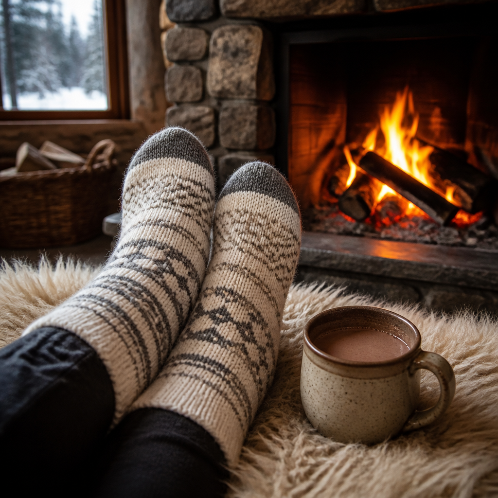 Feet in thick merino wool socks by a stone fireplace