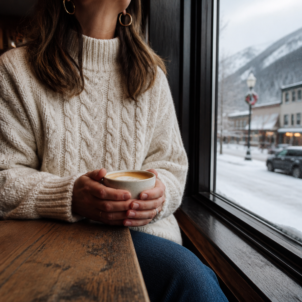 Woman in a chunky cream cable-knit sweater holding a latte by a frosty cafe window