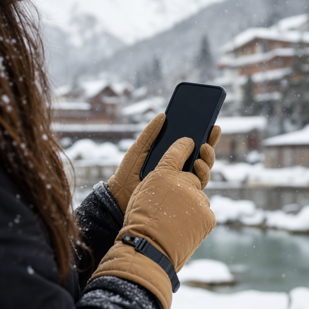 Hands in camel insulated touchscreen gloves holding a phone in falling snow