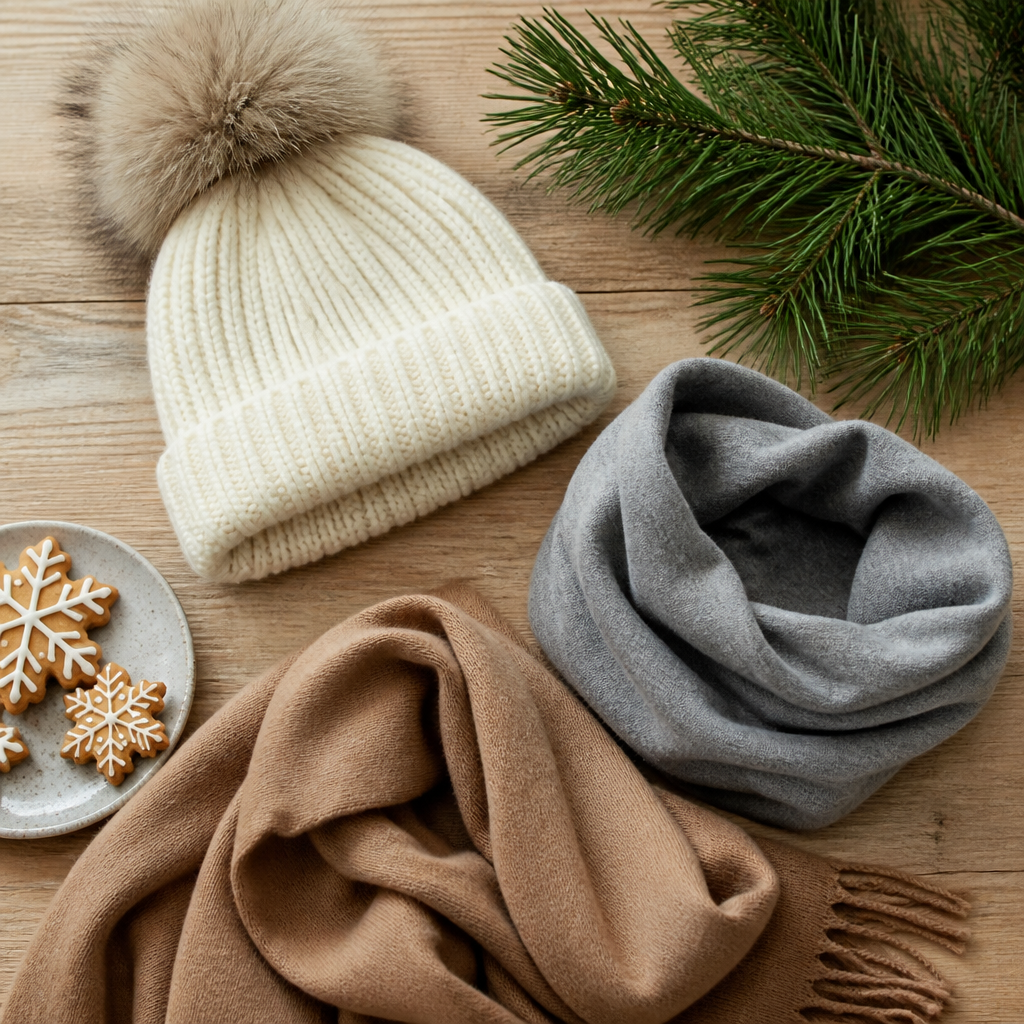 Flat lay of a cream pom beanie, gray fleece neck gaiter and camel scarf