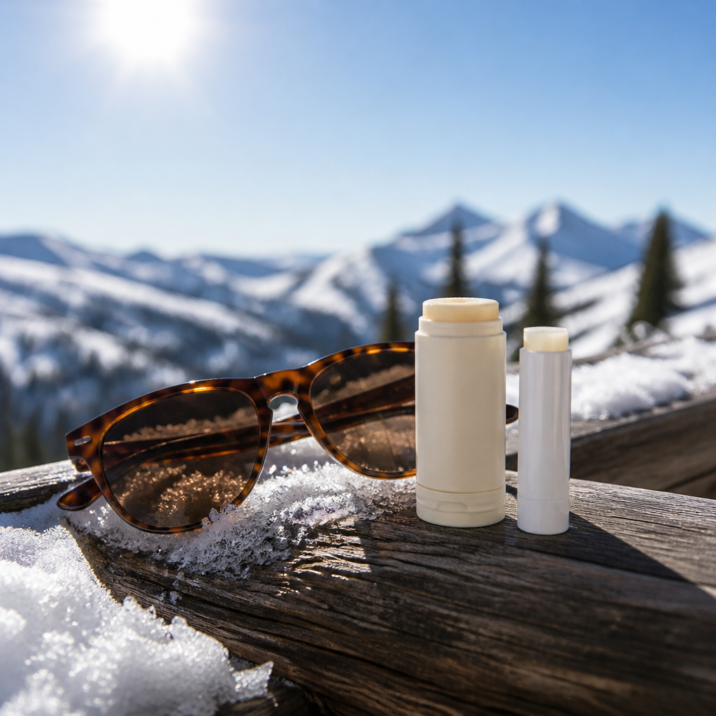 Polarized sunglasses, sunscreen stick and SPF lip balm on a snowy deck railing in bright sun