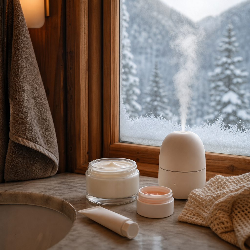 Rich face cream, hand cream, lip mask and a small humidifier on a cabin bathroom vanity